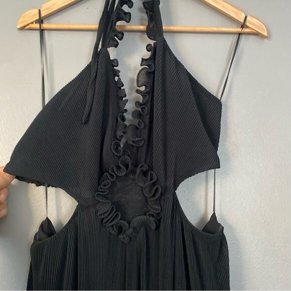 LOVESHACKFANCY Talitha Maxi Dress Crinkle Halter Gown in Black Ruffle Slit Sz L - Picture 7 of 14